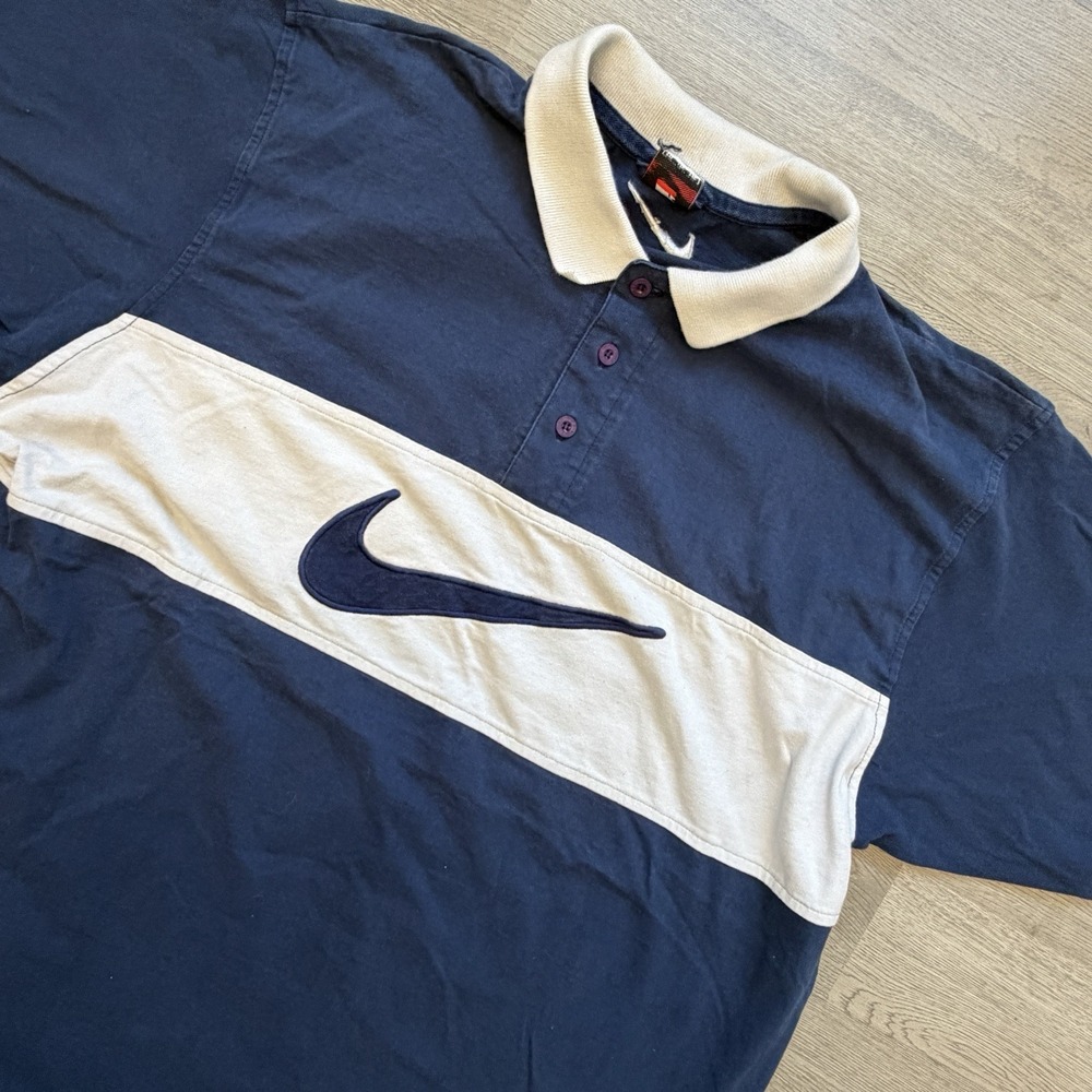 Vintage Nike Polo Shirt Mens XL Navy Cream Big Swoosh Rugby Y2K 90s